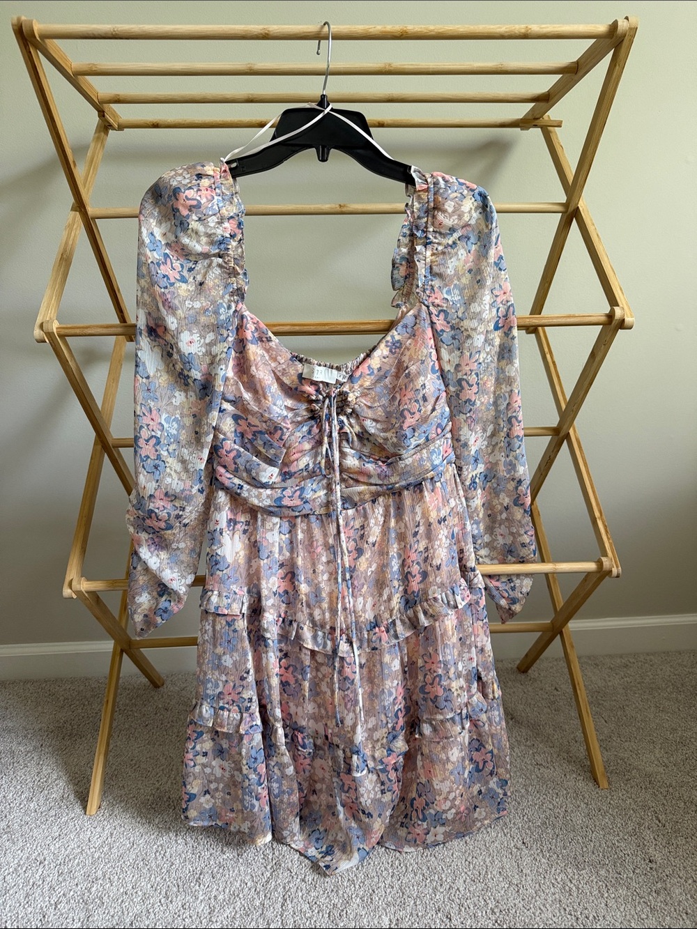 Astr Floral Tie-Front Long Sleeve Mini Dress in Pastel Pink and Blue
